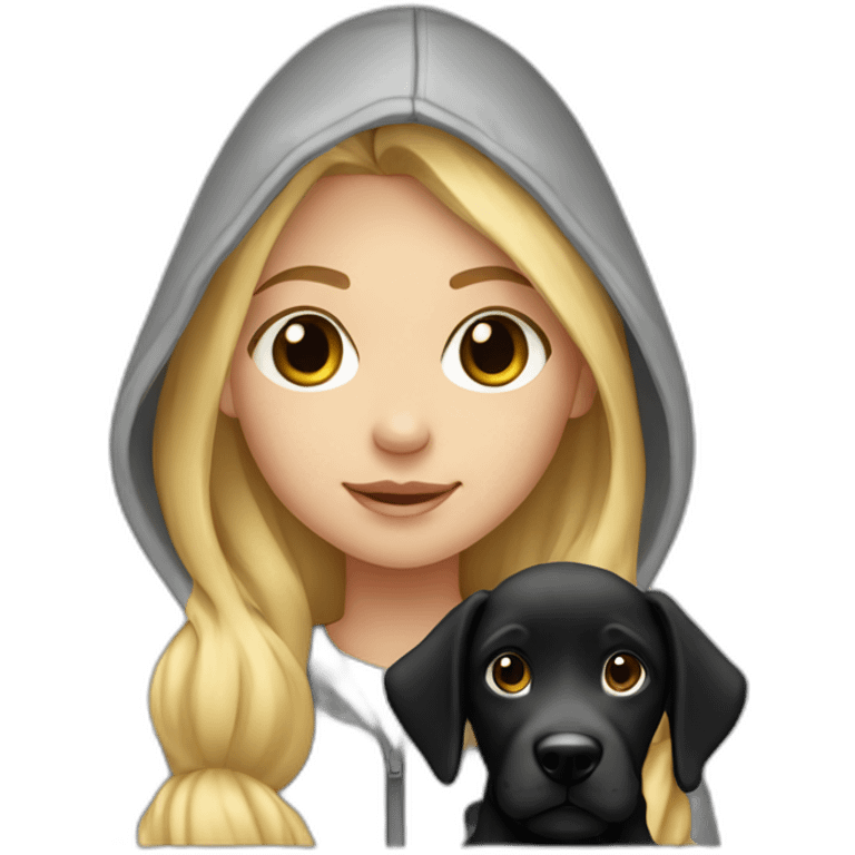 A blonde girl with smooth hair and a ray in the middle of his hair, she has light skin a few freckles, and she wear a hoodies and she Carries in his arms a baby black labrador dog  emoji