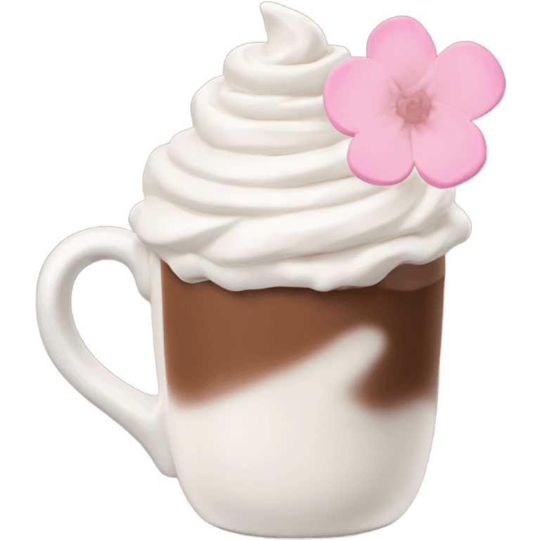 Hot chocolate with pale pink flower and whipped cream emoji