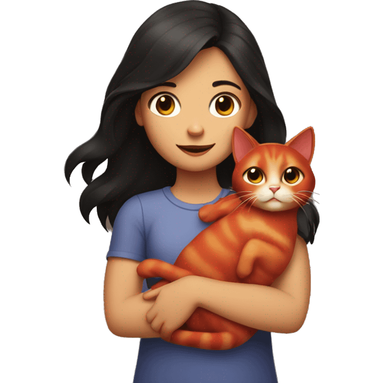 A girl with dark hair holds a red cat in her arms emoji