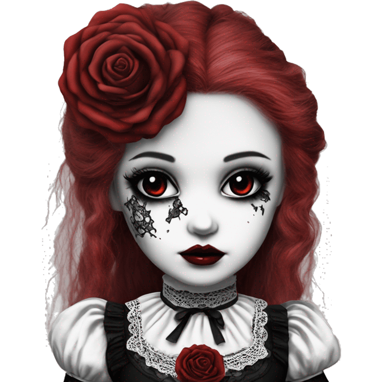 porcelain doll with a cracked face, goth makeup, long hair, lace and ruffles, lolita style, inked, black and white, red roses emoji