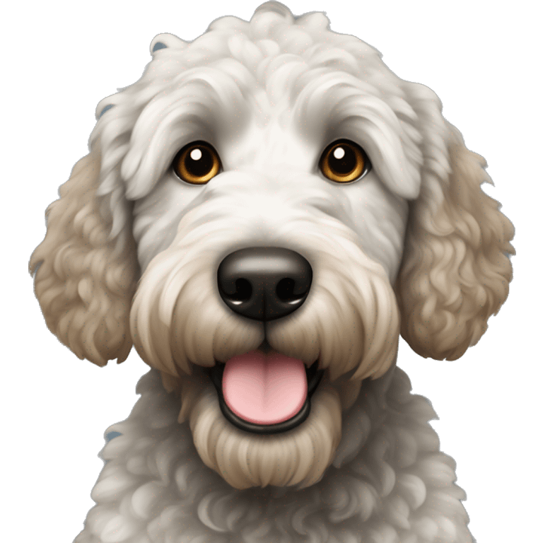 Black  with gray spots golden doodle with brown muzzle  emoji