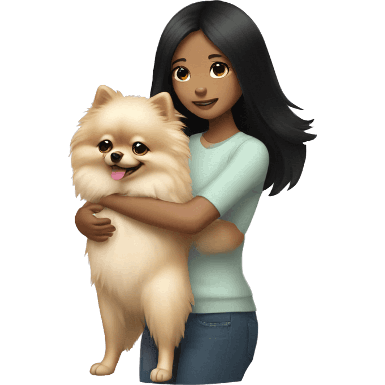 Girl (with black hair) hugging light cream pomeranian emoji