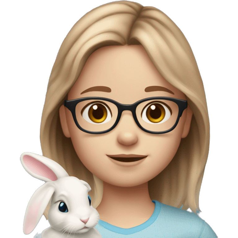 9 year old girl. Light brown medium length hair. Fair skin. Blue eyes. Glasses. Freckles on nose. Light pink lips. Holding white bunny emoji