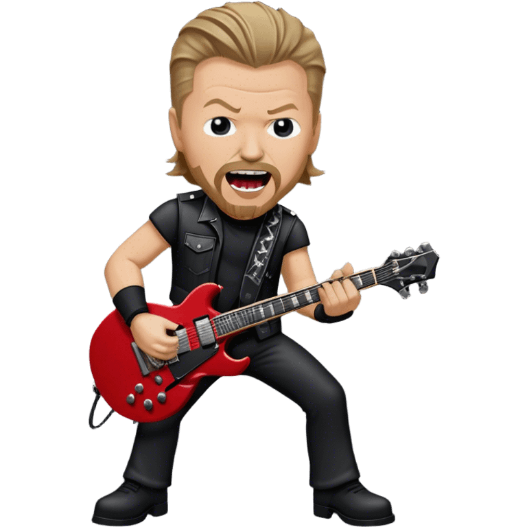 Create a bold and energetic emoji representing James Hetfield with his iconic guitar. The design should feature James Hetfield holding his famous ESP Explorer guitar, known for its sharp, angular body shape. The emoji should convey a sense of power and energy, with James positioned in a strong, rockstar pose, playing with passion. Add subtle elements like a microphone stand, amplifier, or stage lighting to reflect the live performance vibe. Use dark, metallic colors like black, silver, and red, reflecting the heavy metal aesthetic. The background should be transparent. emoji