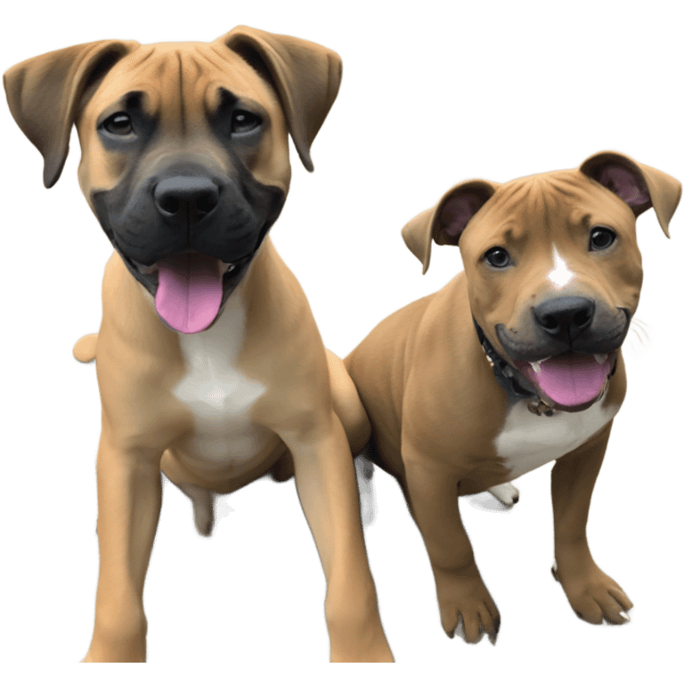 Black mouth cur puppy next to black and white smiling pit bull emoji