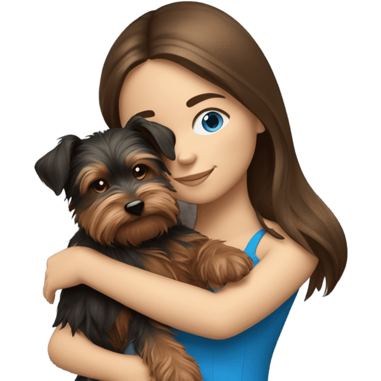 Realistic brunette girl with bright blue eyes hugging Yorkshire terrier  emoji