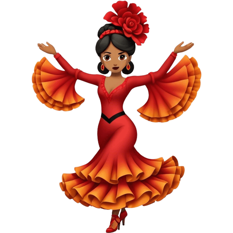 Cinematic Realistic Flamenco Dance Emoji, depicted as a passionate expressive flamenco performance with dramatic costumes and dynamic fiery movements, rendered with vibrant textures and bold energetic lighting that captures its intense rhythm. emoji