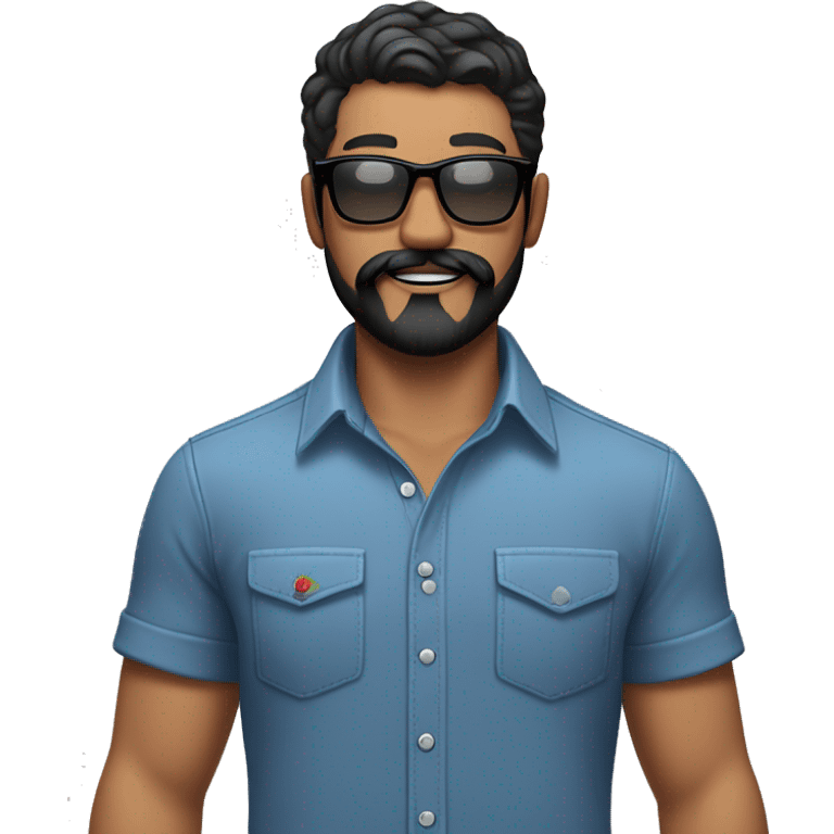  emoji of WHITE man, black hair. blue button up shirt, black glasses, beard and mustache. tattoo of rose on right arm and apple watch emoji