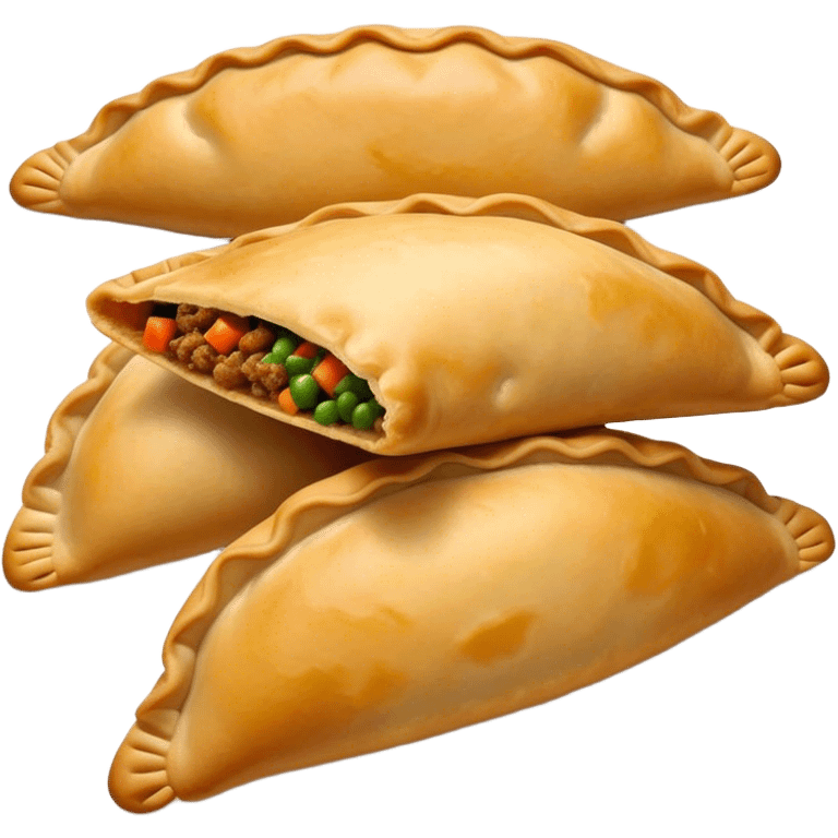 Cinematic Realistic Empanadas Dish Emoji, showcasing crispy fried turnovers filled with spiced meat and vegetables rendered with rich textures and dynamic, appetizing lighting. emoji