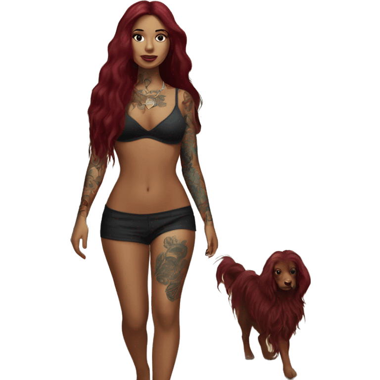 Beautiful tattooed  burgundy long haired woman walking on the beach emoji