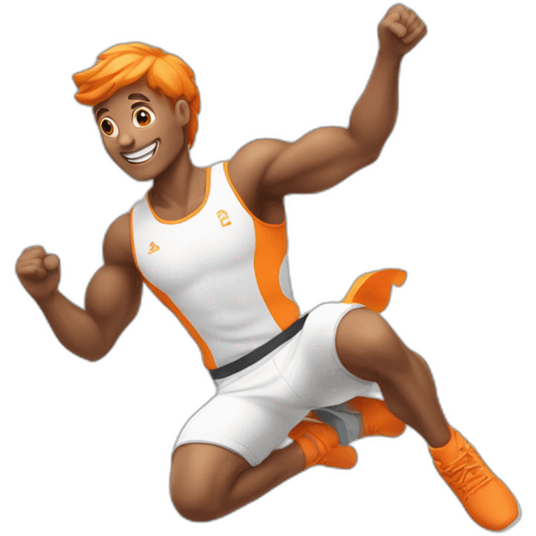 male athletic parcour athlete in orange white cloths, captured mid-air emoji