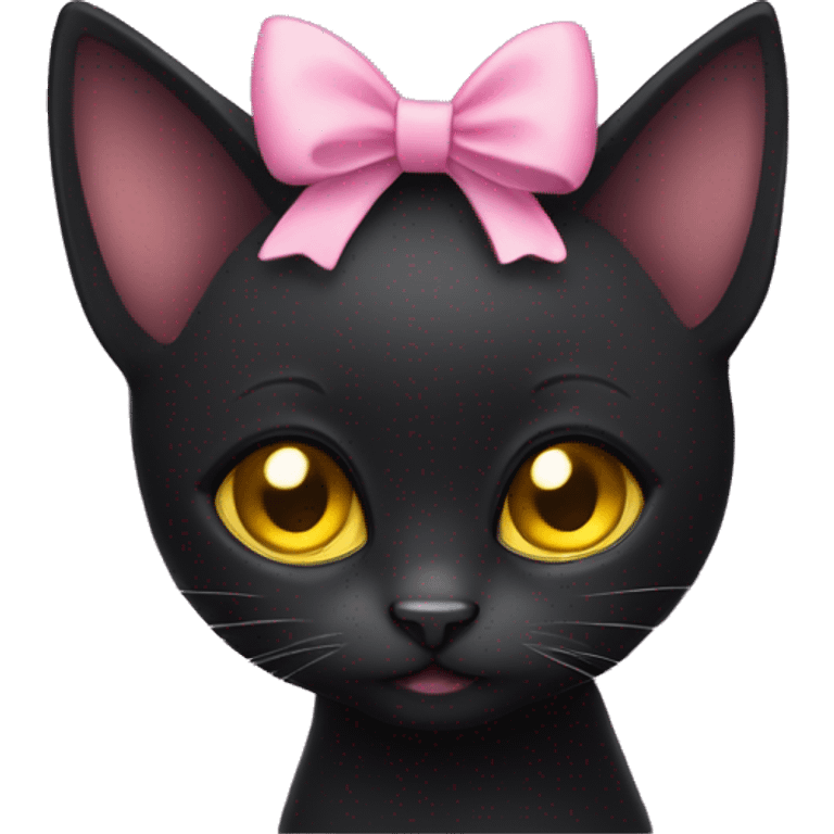 Cute small Black cat with gold yellow eyes and a pink bow on the right ear  emoji