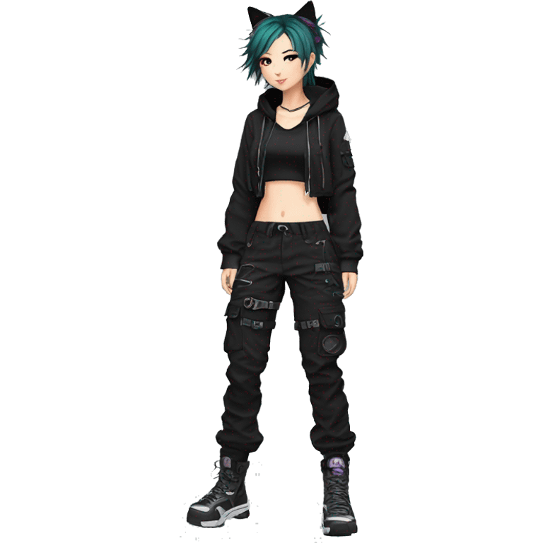 Edgy anime punk tomboy with cat ears techwear cargo pants hoodie emoji