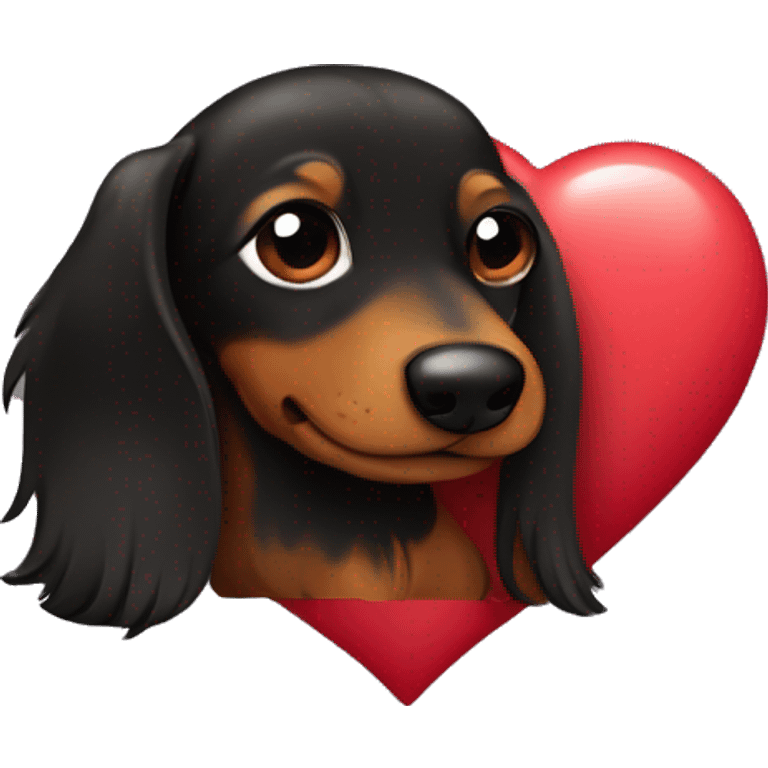 black and brown long haired daschund hugging a heart emoji