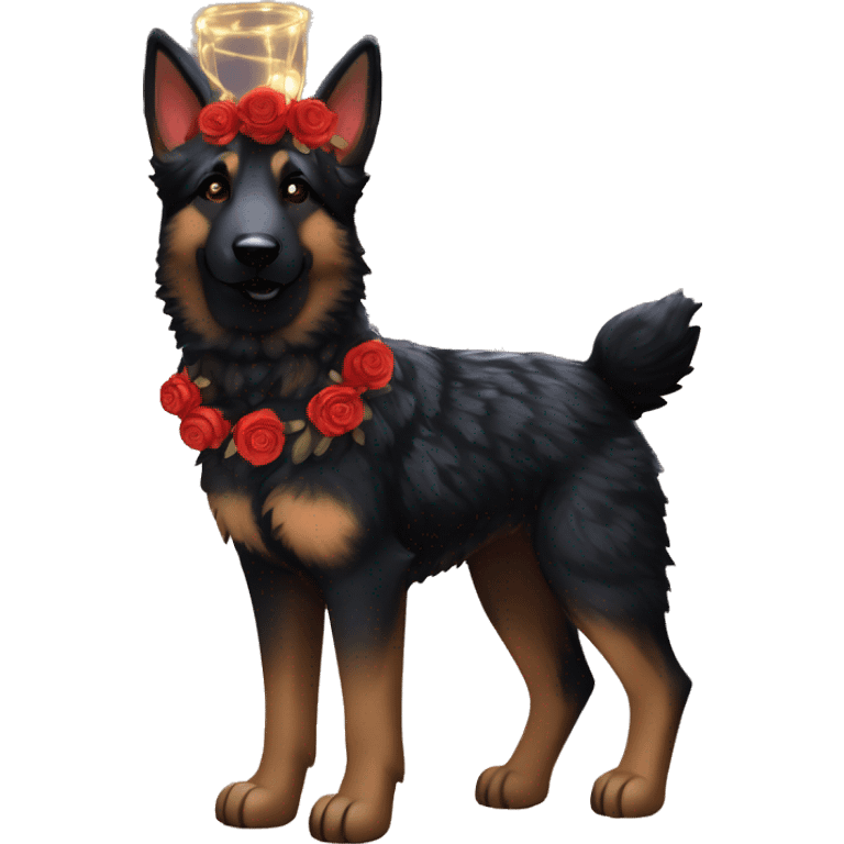 Bokeh Midnight starry night stars dark Brindled striped brindle black German shepherd fox carrying glowing red lantern, fairy lights, rose flower crown, bokeh lights, out of focus blur emoji