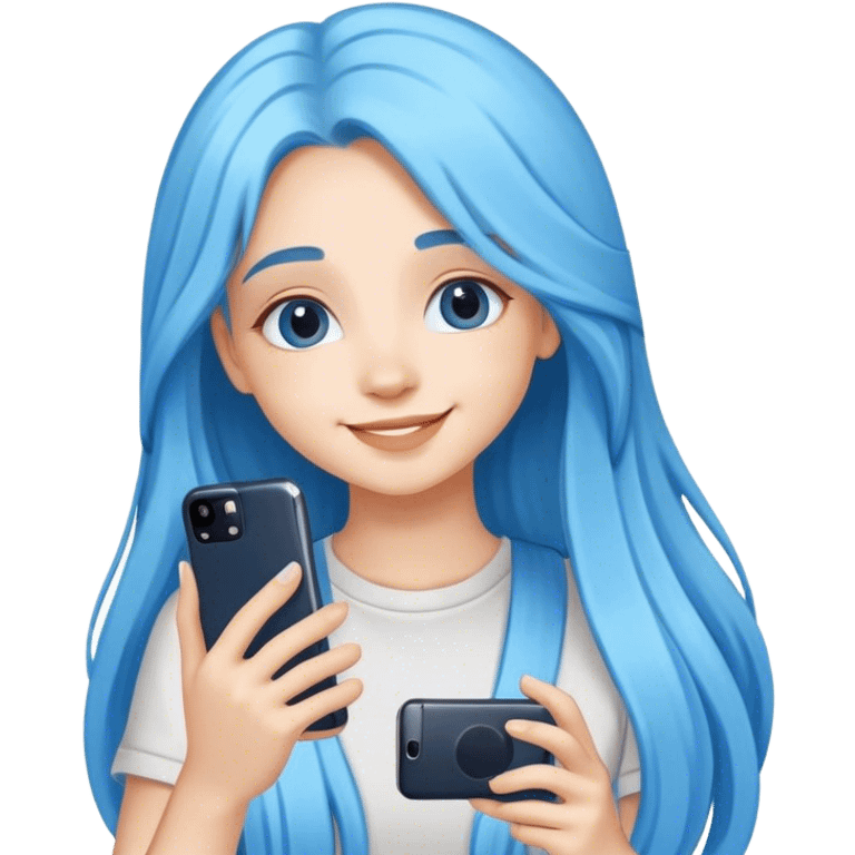 happy cute girl with long blue hair take a photo with her phone emoji