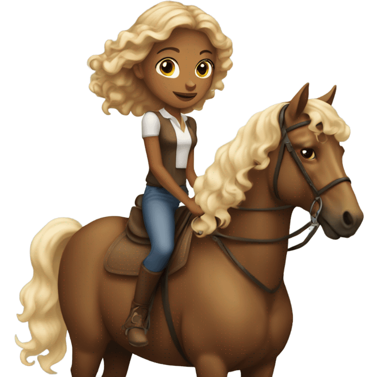 A dark tan girl with curly blonde hair riding a brown horse with white spots  emoji