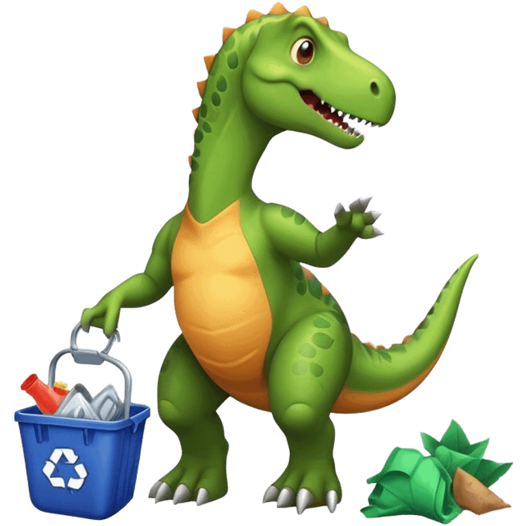 A dinosaur picking up trash with a trash grabb emoji