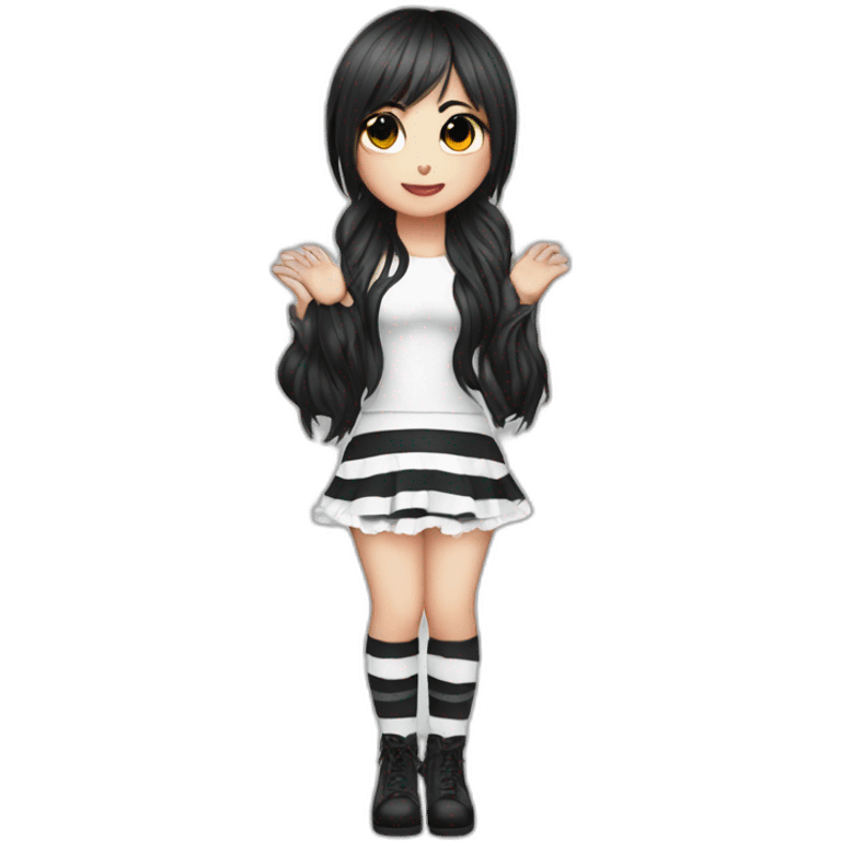 Frontal view curvy emo girl sits white skirt striped stockings hands up emoji