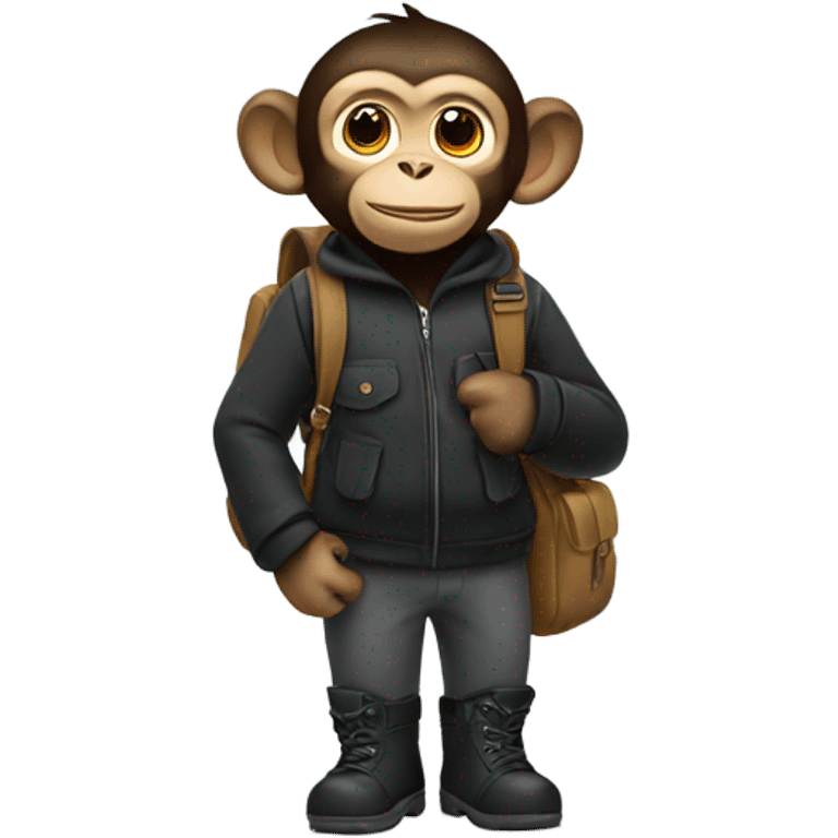 Monkey wearing black winter boots and a black backpack emoji