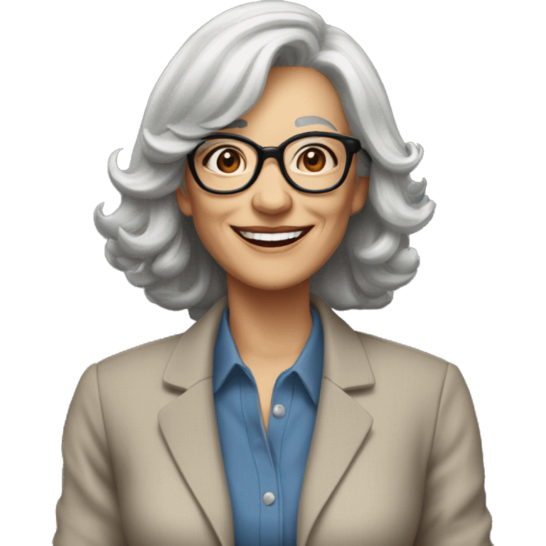 Woman in her 60s, with salt and pepper hair, pale skin, glasses, brown eyes, smiling wearing a blazer, collared shirt,  jeans emoji