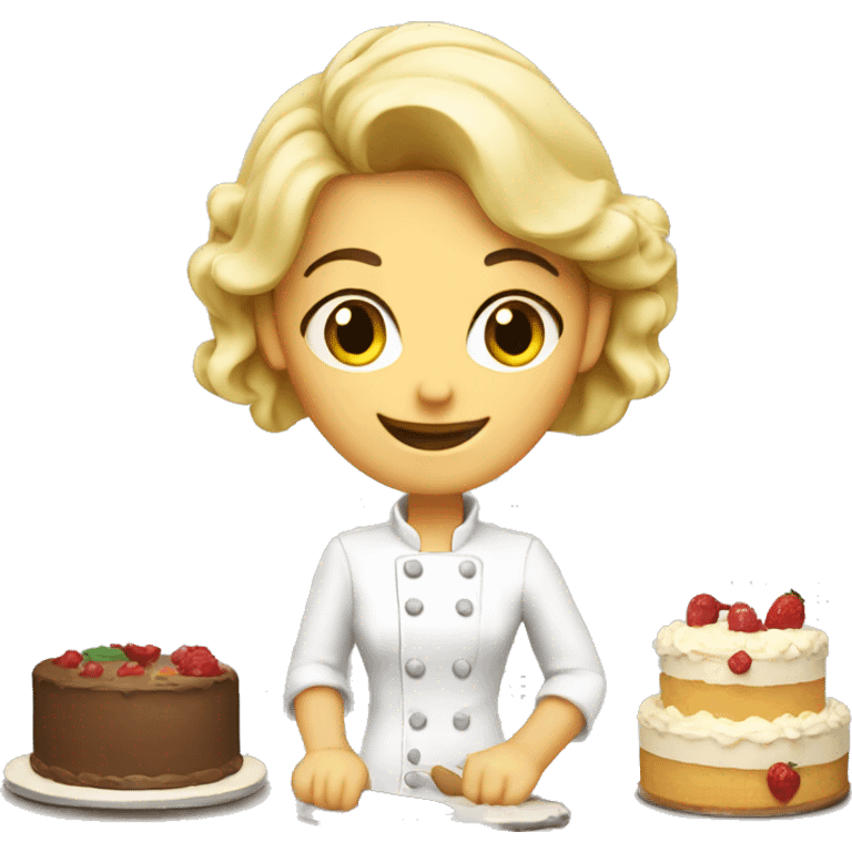 A blond pastry chef making a cake emoji