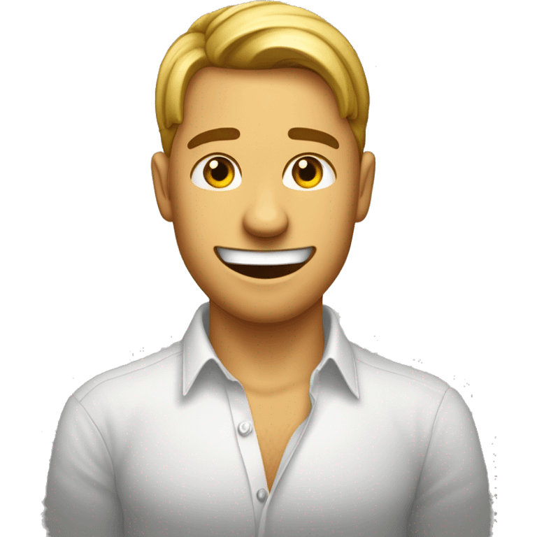 L'emoji montre un beau jeune homme portant une chemise avec une banane souriante dessus et fermant les yeux avec des joues rouges, suggérant un léger sentiment de défi ou d'espièglerie. emoji