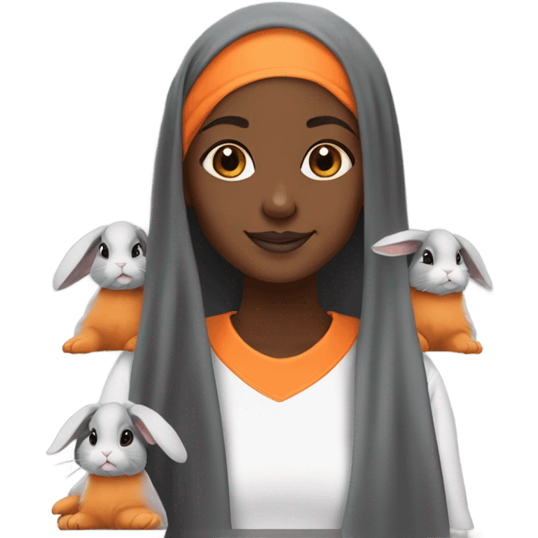 Black Muslim girl and her 3 cute orange, gray, and mix colored holland lop bunnies emoji