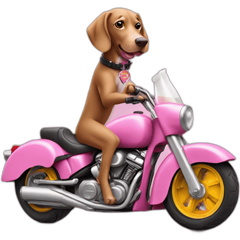 pink weimaraner drinking a beer while riding a motorcycle emoji