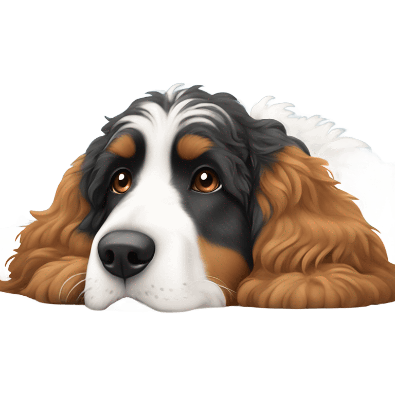 Tri color Bernedoodle in bed emoji