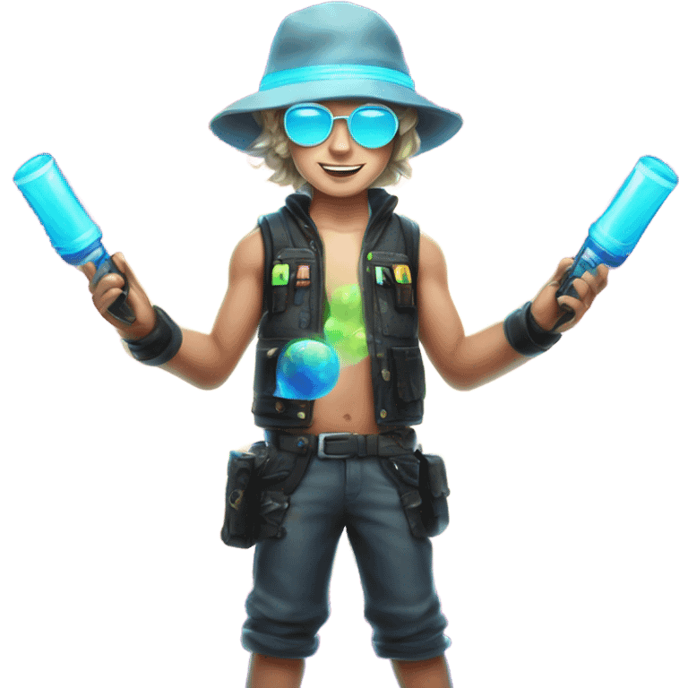 Caucasian boy at rave wearing a glowing outfit and hat with bubble guns in each hand emoji