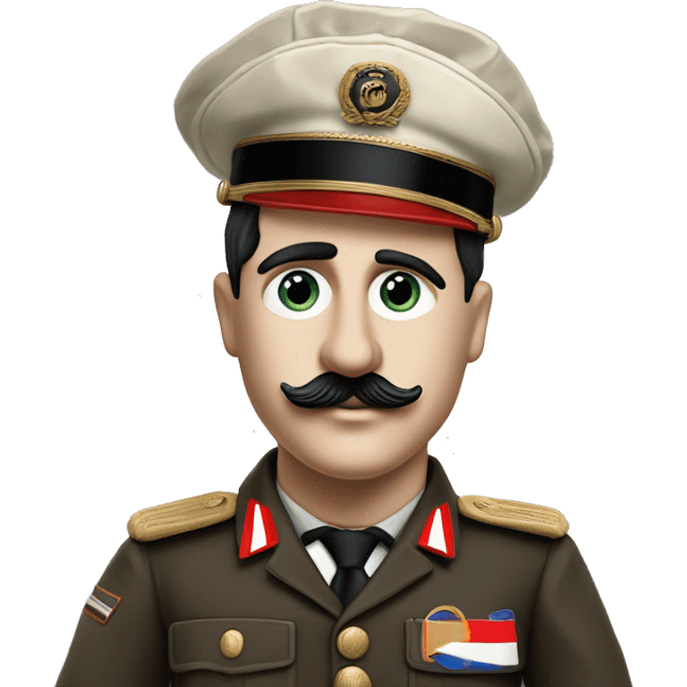 Charlie chaplin as the great dictator with tootbrush mustache but without hat, black sideways combed hair and brown classical 1936 dutch military uniform and red white soccer captains upper armbracelet looking fiercefully emoji