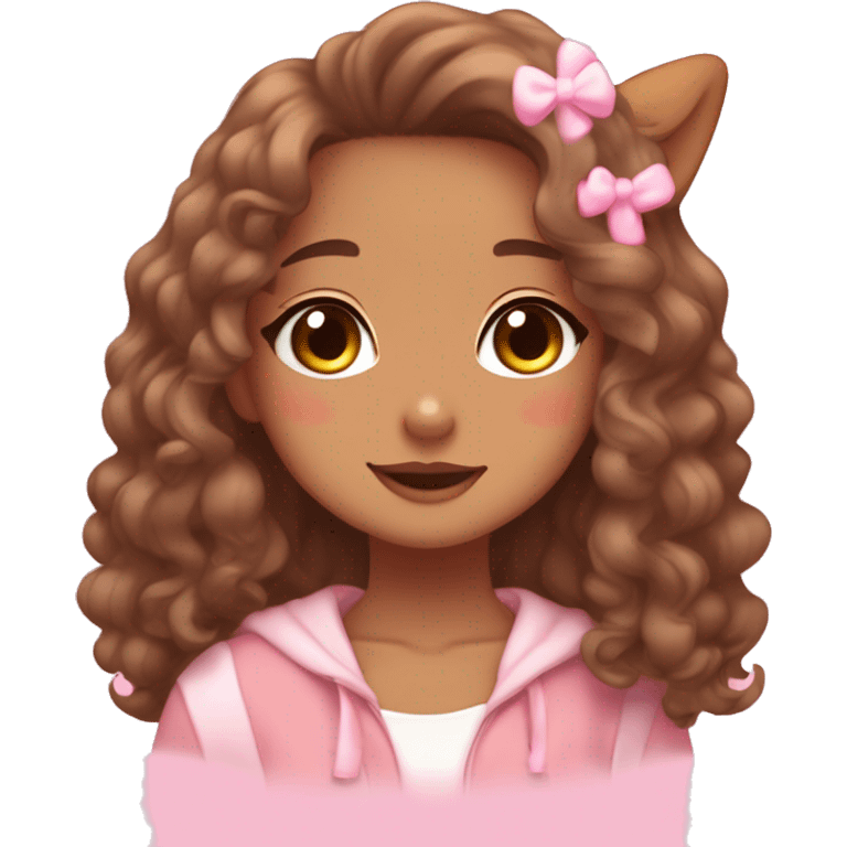 TAN SKIN GIRL WITH LONG BROWN CURLY HAIR AND A CORGI pink kawaii shiny blushing cute kawaii pastel anime trending style pink pastelcore emoji