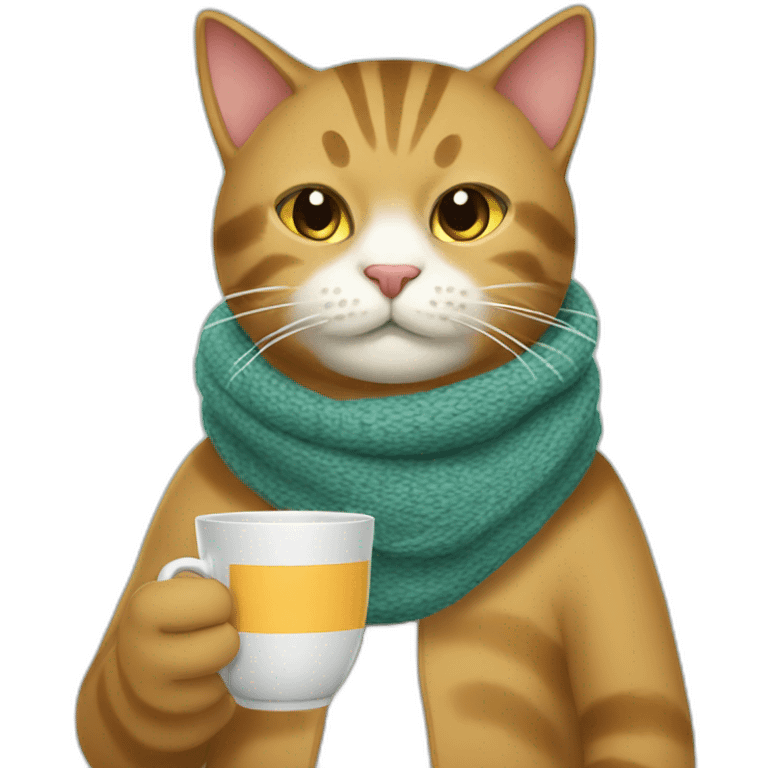 the cat is sick drinking tea with a scarf on his throat emoji