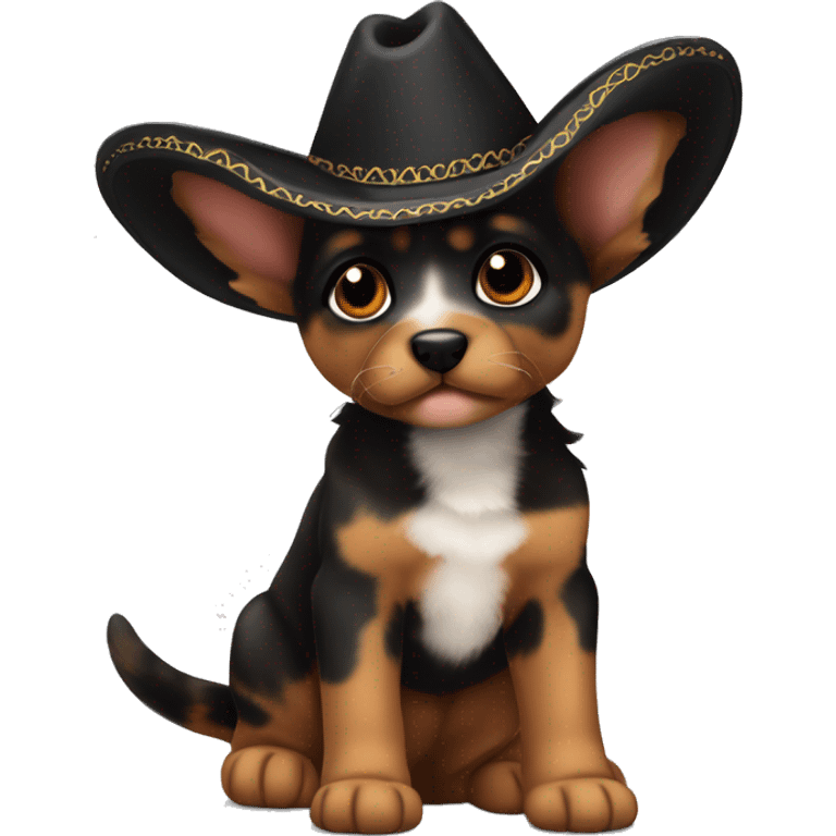 A black and brown tortoiseshell pointy ear puppy without white with pointy ears and short fur wearing a sombrero  emoji