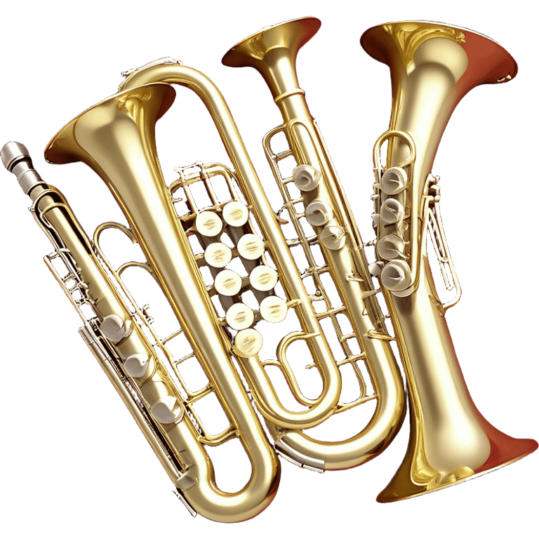 Create a festive and elegant emoji collage featuring a bouquet or fan of bells of wind instrument  (trumpets, saxophones, trombones, tubes, etc.) arranged in a radiant, symmetrical pattern. The instruments should have polished, golden and silver finishes, with their large, shiny bells forming a beautiful, fan-like display. Include a flowing ribbon of musical notes swirling through the center, conveying movement and melody. The background should feature a deep red velvet texture, adding a touch of luxury and sophistication. The overall composition should be balanced, with an elegant and regal feel, with a transparent background to keep focus on the instruments and musical elements. emoji