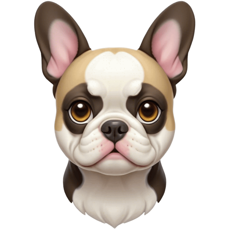 Cinematic Noble Pied French Bulldog Portrait Emoji, Radiating regal yet playful charm, with a distinctive pied fur of contrasting hues and a sculpted, expressive face featuring gentle, wise eyes and a confident stance, simplified yet artistically detailed, glowing with a soft, sophisticated radiance, high shine, exuding intelligent nobility and refined flair, soft glowing outline, capturing the essence of a noble Pied French Bulldog that embodies both strength and grace! emoji