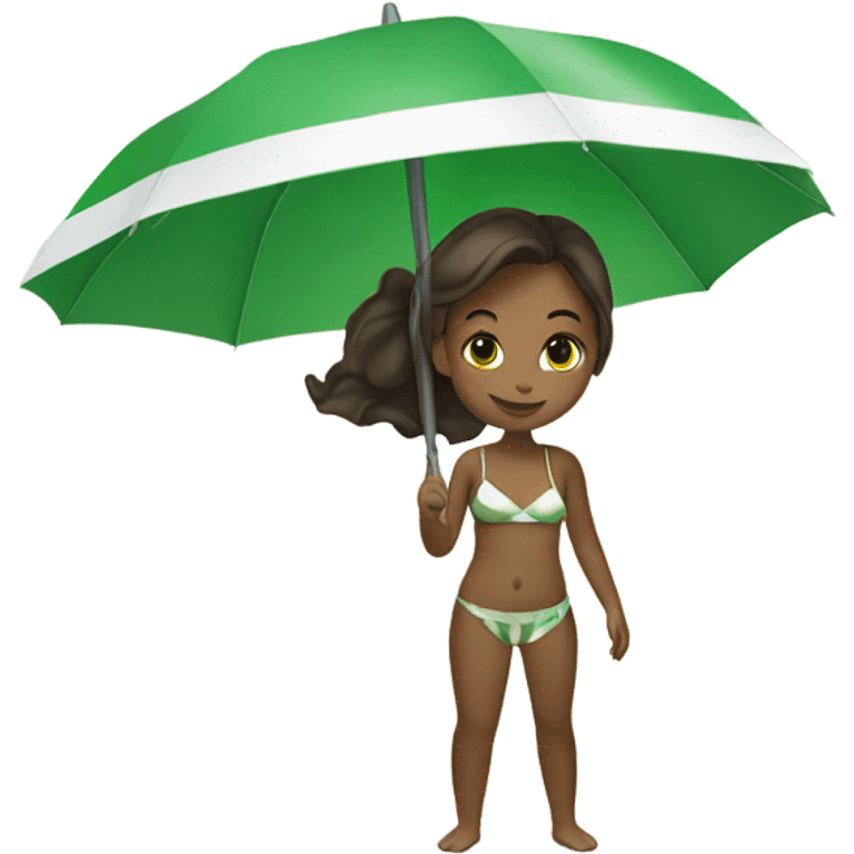 Girl at beach with green and white umbrella  emoji