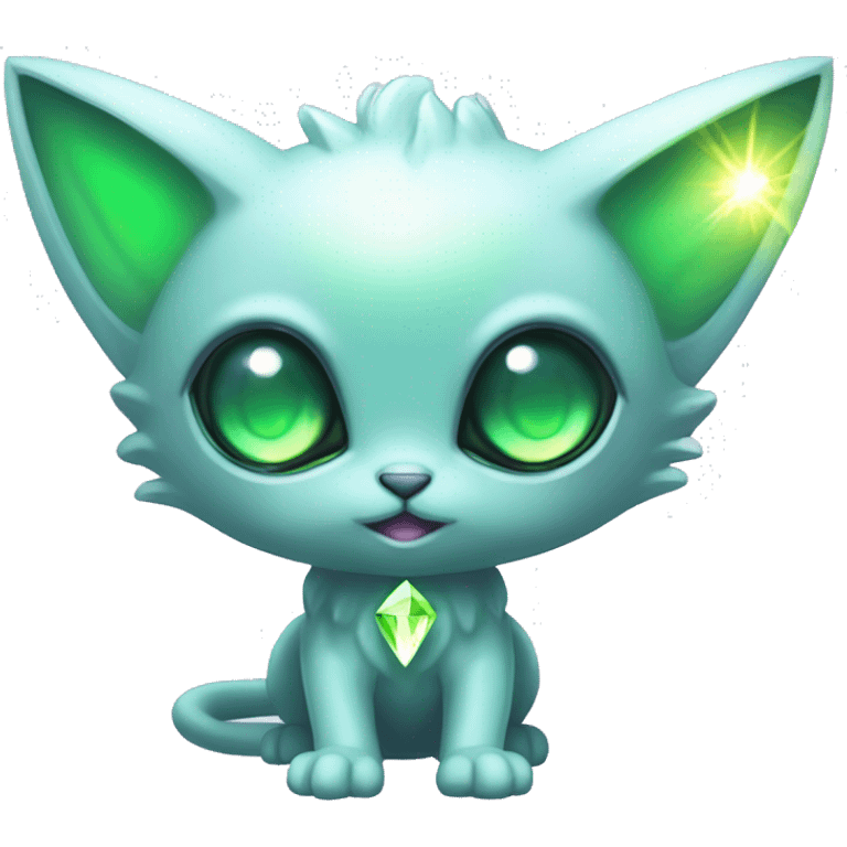 Shiny, Sparkly, Dark-type-Fairy-Type-Psychic-Ice-type-Fakémon-Alien-Cat Blind Purple eyes, green gem, full body emoji