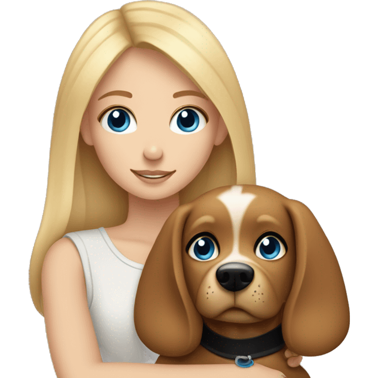 Blond girl with blue eyes cuddles a brown dog with black eyes  emoji