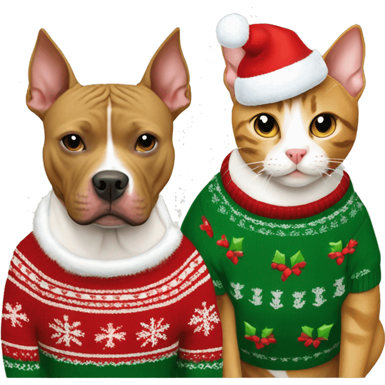 Tan pitbull and tabby cat in Christmas sweaters emoji