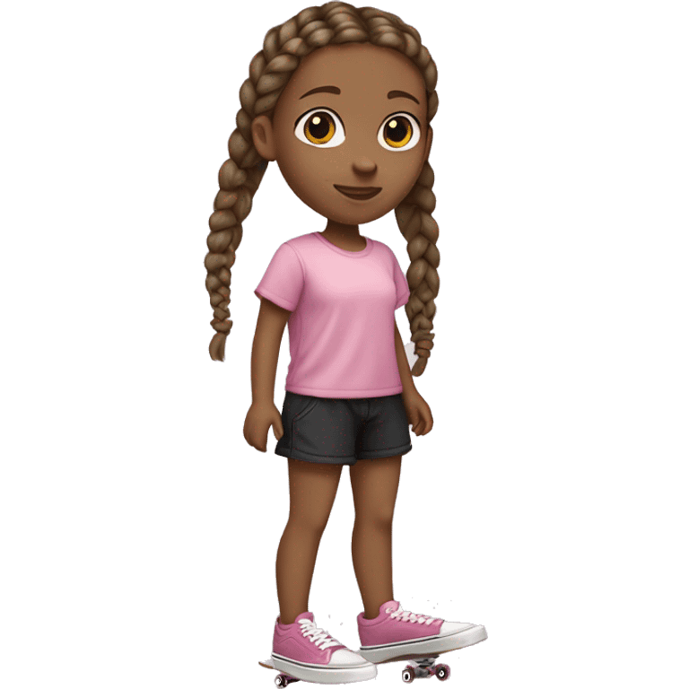 little white girl with brown hair with braids, pink shirt from VANS and black shorts skateboarding emoji