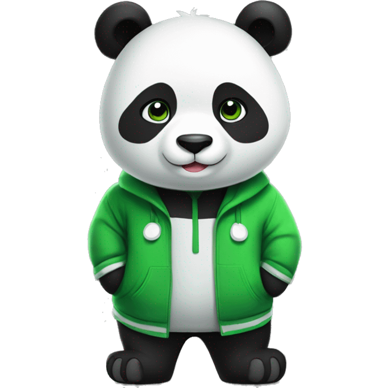 black and white panda in green clothes and on his clothes should be written theo the best emoji