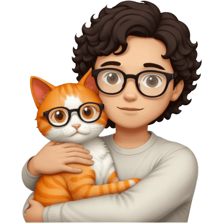 Boy with curl dark hair and glasses hugs white and orange cat emoji