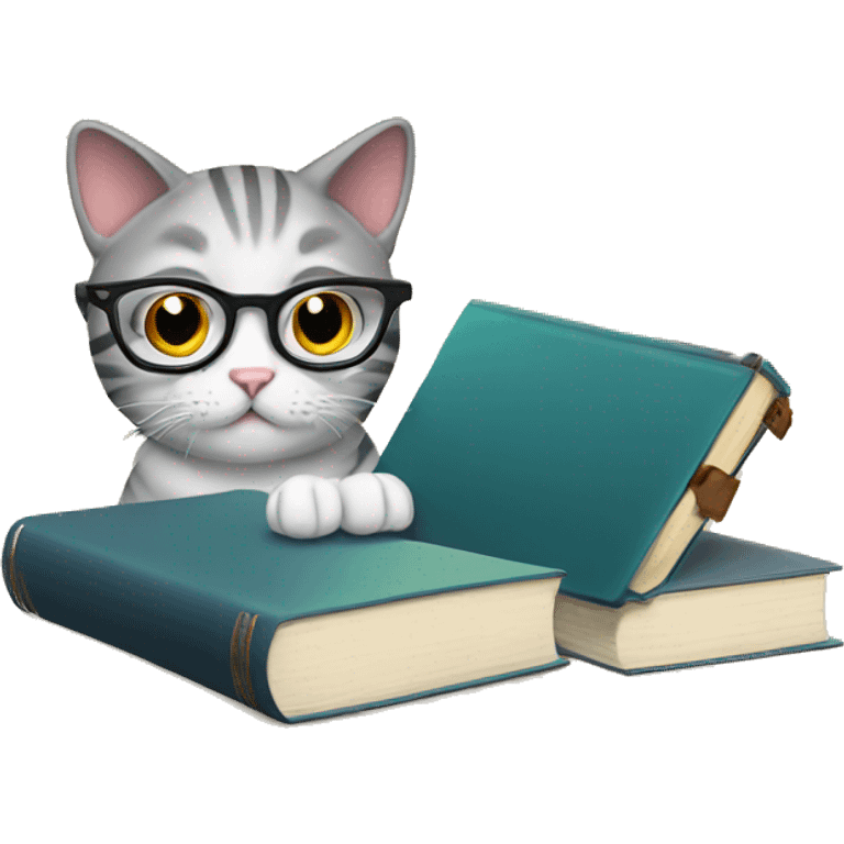 Cat studying, glasses, books, laptop emoji