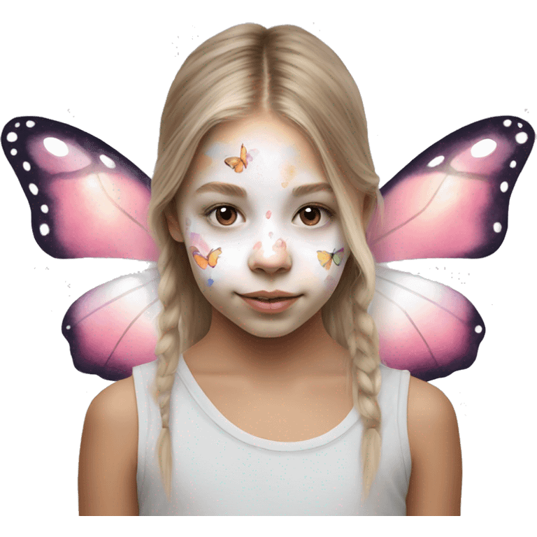 young white girl with face paint only in the shape of a watercolour butterfly emoji