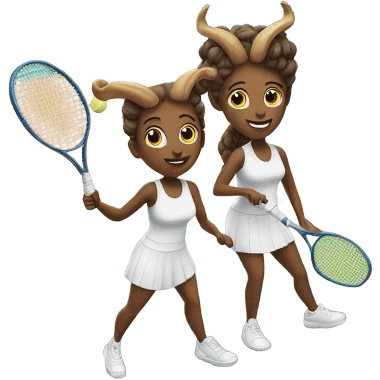 Two Capricorns playing tennis on a tennis court emoji