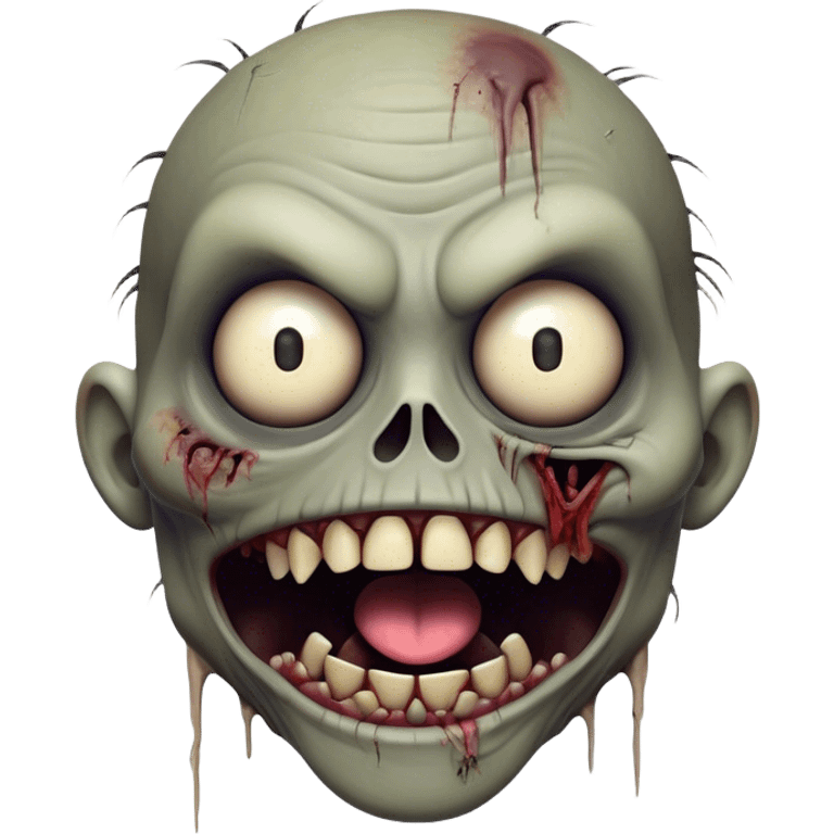 Cinematic Comical Zombie Portrait Emoji, with a grotesquely exaggerated yet playful decaying face in muted ashen tones, head cocked in a dramatically shocked expression with wildly comical, googly eyes and a gaping, silly grin revealing quirky stitches, simplified yet hilariously expressive, highly detailed with a soft eerie glowing outline capturing the absurd humor of a zombie in comic disbelief! emoji