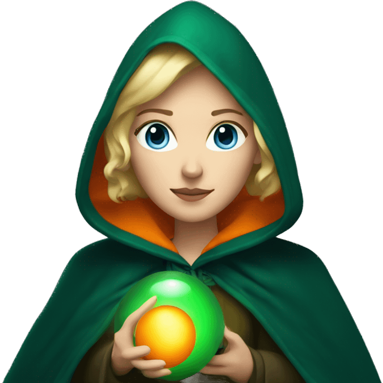 Blonde woman with blue eyes in dark green cloak holding an orange glowing orb emoji