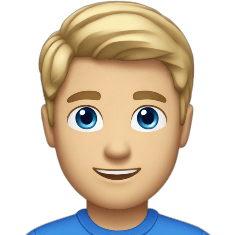 caucasian male, short dark blonde hair, blue eyes, blue polo shirt, dimples emoji